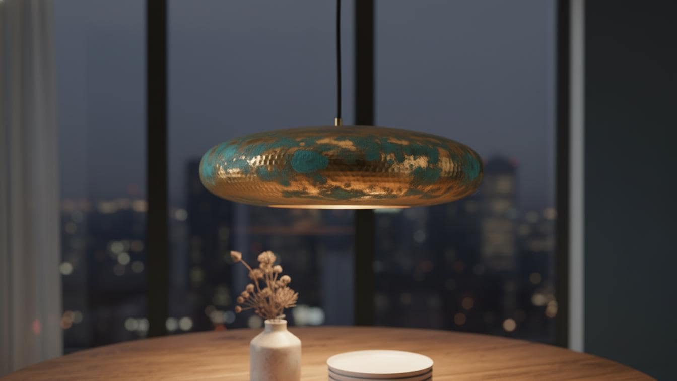Turquoise Patina Brass Pendant Light - Green Gold Hammered Saucer Lamp - Mettlemix
