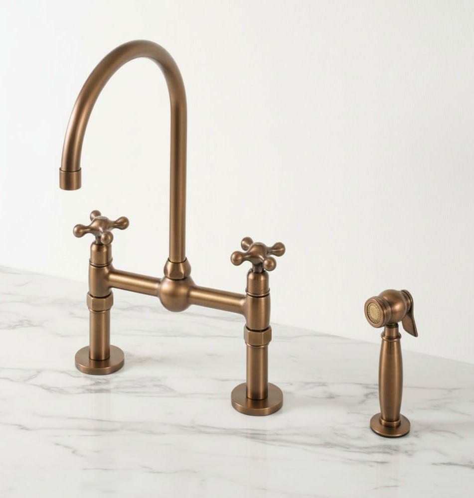 Unlacquered Aged Bronze Bridge Kitchen Faucet - Vintage Farmhouse Tap - Mettlemix