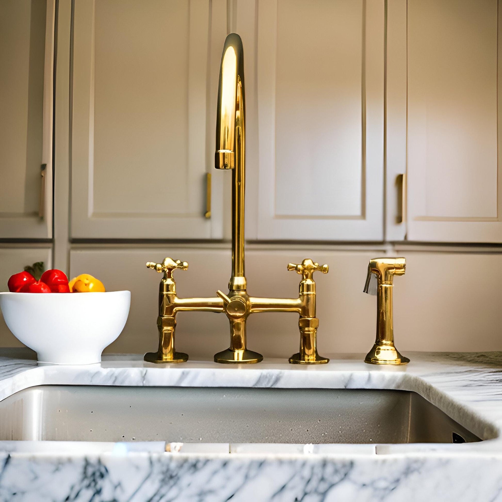 Unlacquered Brass 3-Hole Kitchen Bridge Faucet with Side Spray - Mettlemix