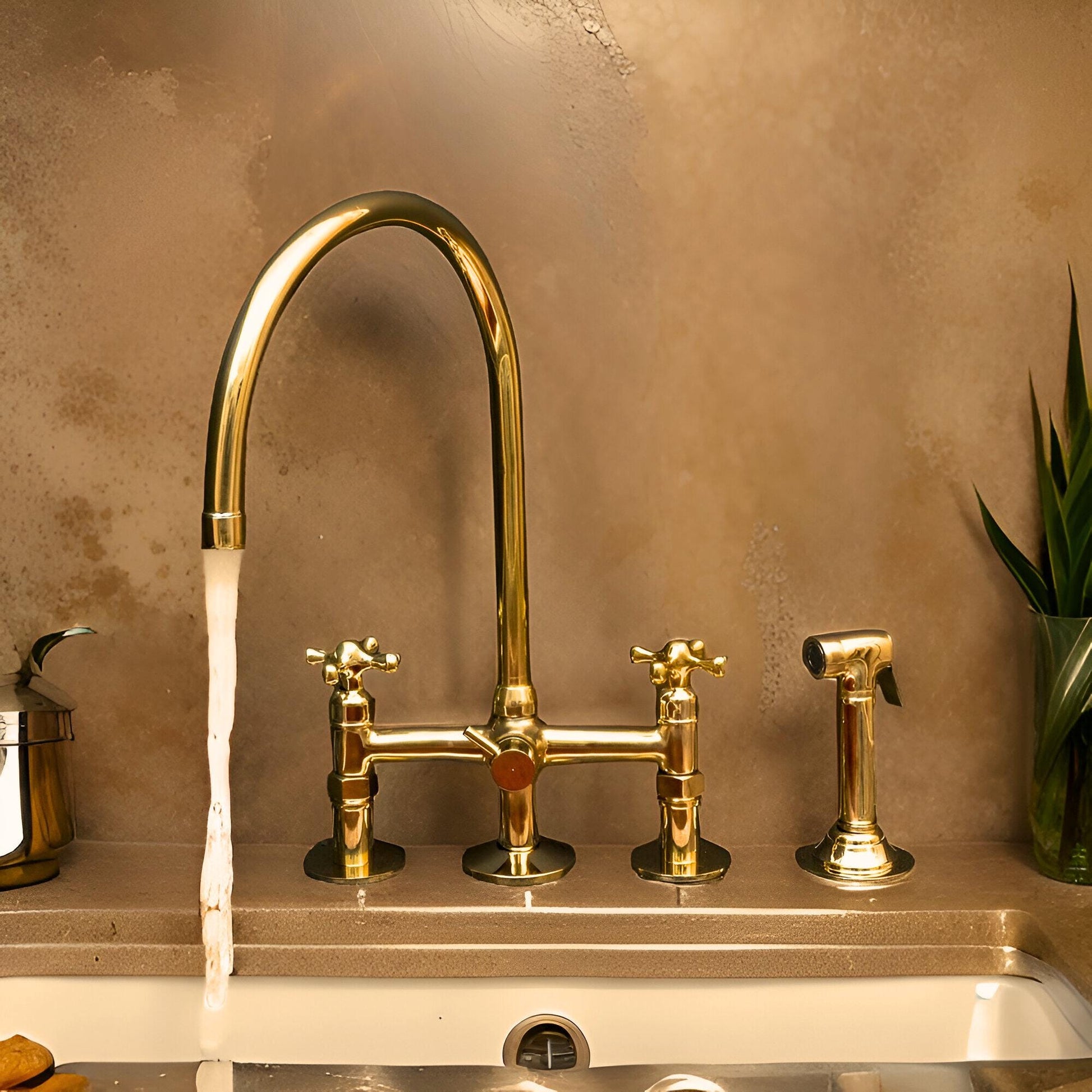 Unlacquered Brass 3-Hole Kitchen Bridge Faucet with Side Spray - Mettlemix