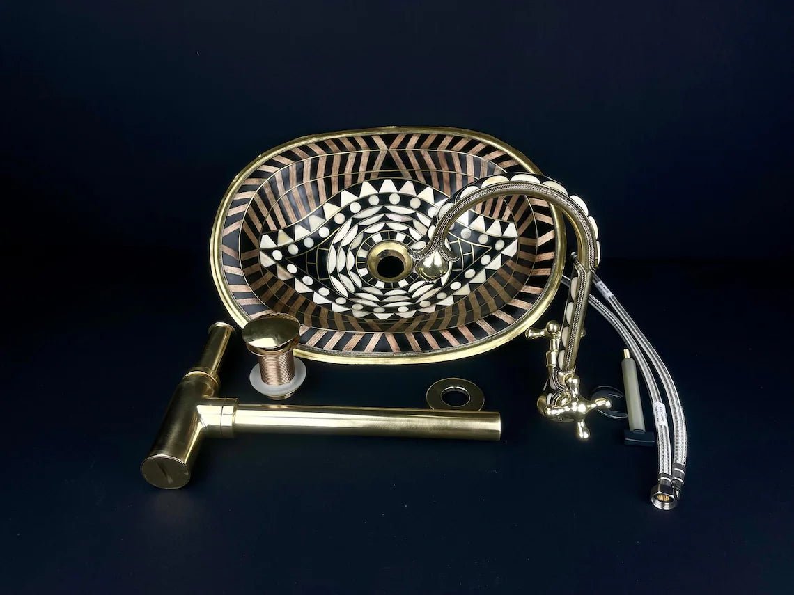 Unlacquered Brass Bathroom Sink & Faucet Set - Black Resin & Bone Inlay - Mettlemix