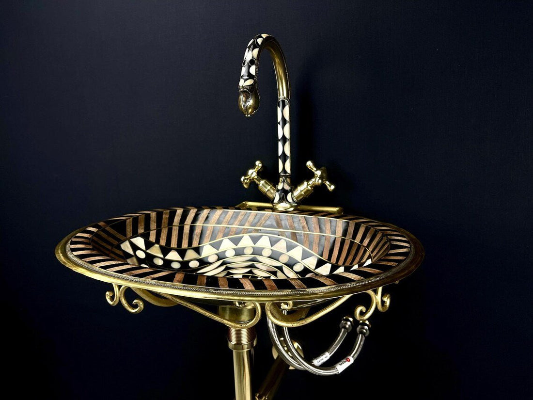 Unlacquered Brass Bathroom Sink & Faucet Set - Black Resin & Bone Inlay - Mettlemix