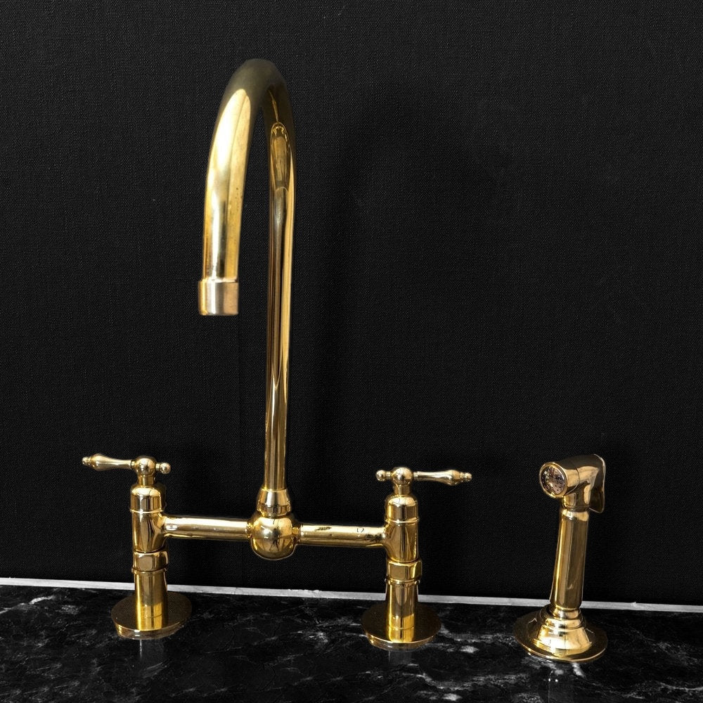Unlacquered Brass Bridge Kitchen Faucet - Linear Legs & Lever Handles - Mettlemix