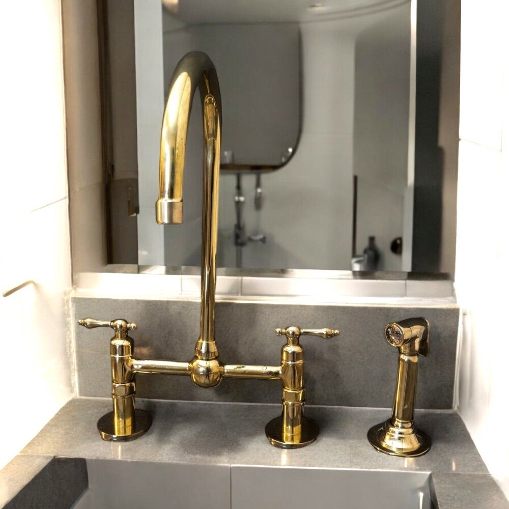 Unlacquered Brass Bridge Kitchen Faucet - Linear Legs & Lever Handles - Mettlemix