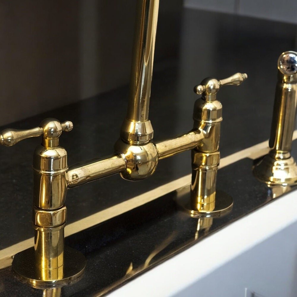 Unlacquered Brass Bridge Kitchen Faucet - Linear Legs & Lever Handles - Mettlemix