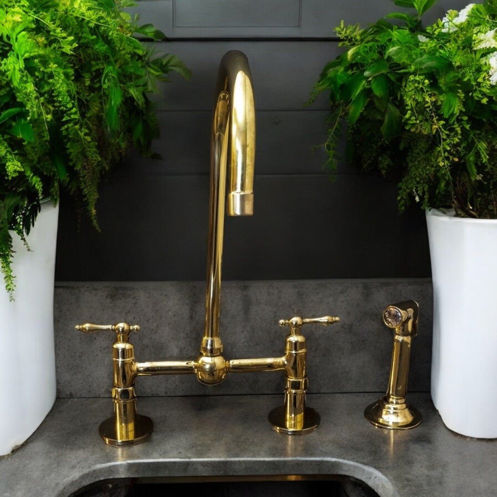 Unlacquered Brass Bridge Kitchen Faucet - Linear Legs & Lever Handles - Mettlemix