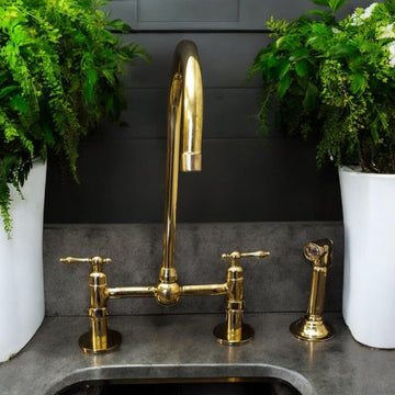 Unlacquered Brass Bridge Kitchen Faucet - Linear Legs & Lever Handles - Mettlemix