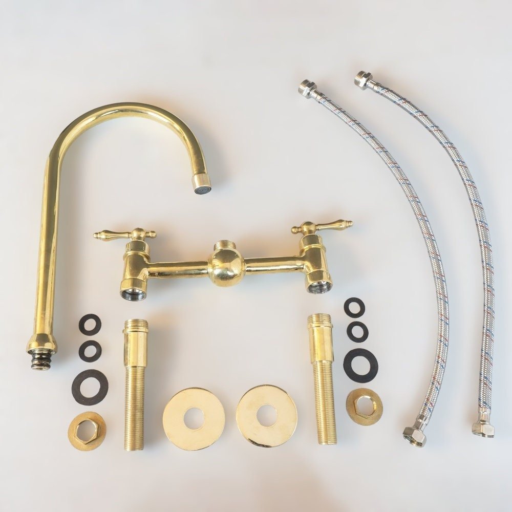 Unlacquered Brass Bridge Kitchen Faucet - Linear Legs & Lever Handles - Mettlemix