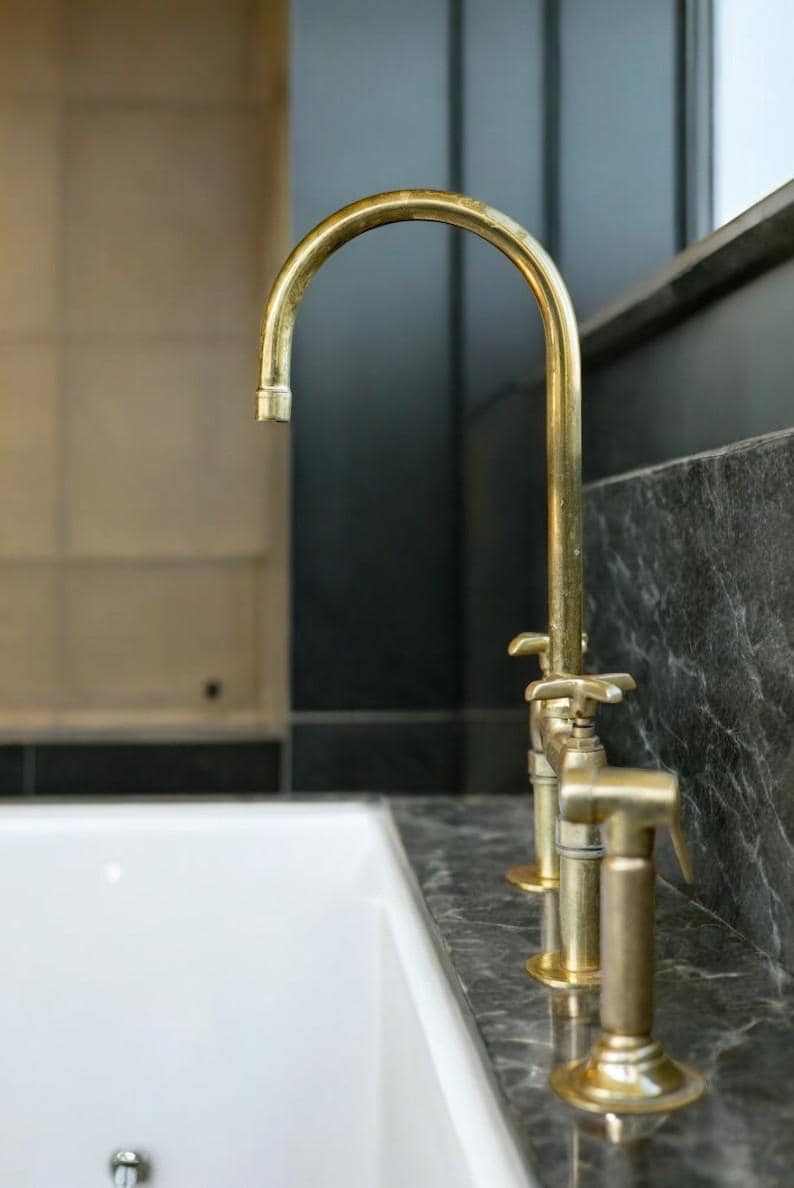 Unlacquered Brass Bridge Kitchen Faucet - Linear Legs & Side Sprayer - Mettlemix