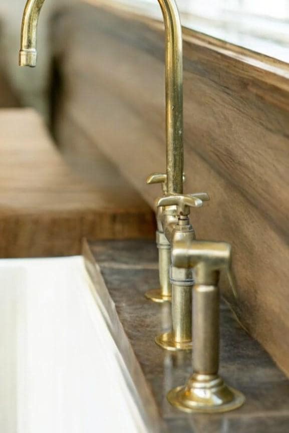 Unlacquered Brass Bridge Kitchen Faucet - Linear Legs & Side Sprayer - Mettlemix