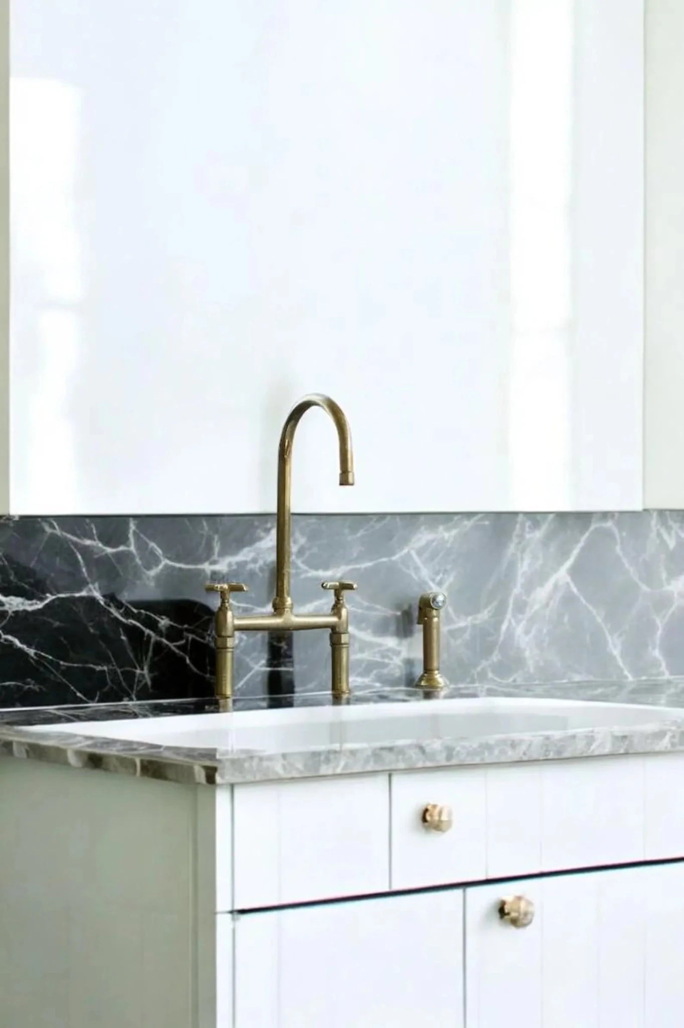 Unlacquered Brass Bridge Kitchen Faucet - Linear Legs & Side Sprayer - Mettlemix