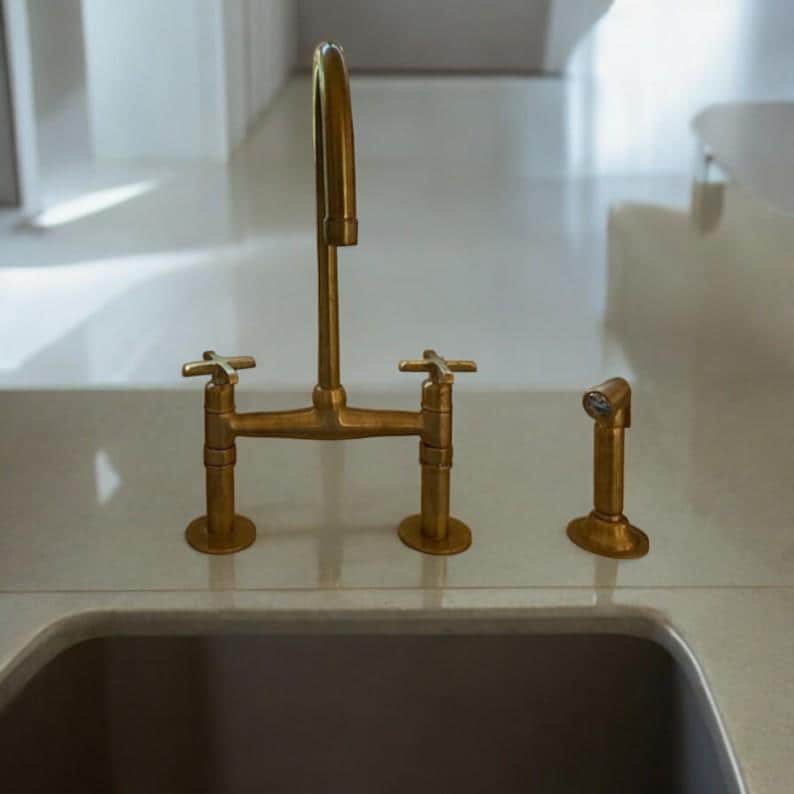 Unlacquered Brass Bridge Kitchen Faucet - Linear Legs & Side Sprayer - Mettlemix