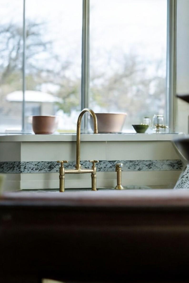 Unlacquered Brass Bridge Kitchen Faucet - Linear Legs & Side Sprayer - Mettlemix