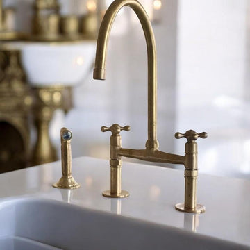 Unlacquered Brass Bridge Kitchen Faucet - Linear Legs & Side Sprayer - Mettlemix