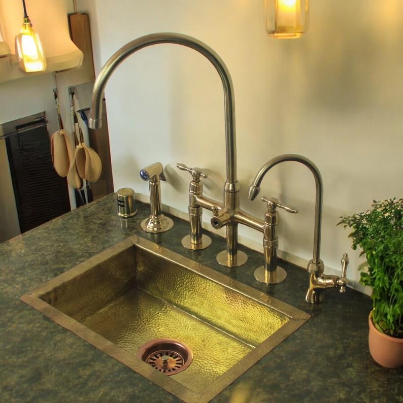 Unlacquered Brass Bridge Kitchen Faucet Set with Filter & Sprayer - Mettlemix