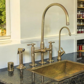 Unlacquered Brass Bridge Kitchen Faucet Set with Filter & Sprayer - Mettlemix