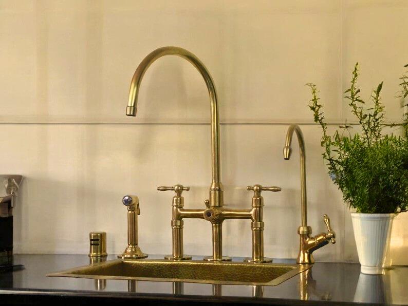 Unlacquered Brass Bridge Kitchen Faucet Set with Filter & Sprayer - Mettlemix