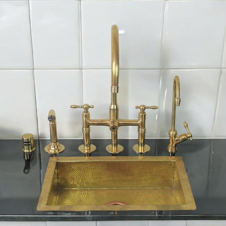 Unlacquered Brass Bridge Kitchen Faucet Set with Filter & Sprayer - Mettlemix