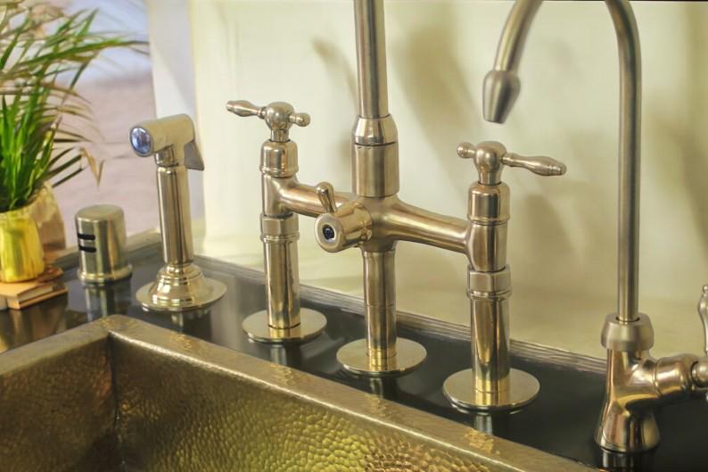 Unlacquered Brass Bridge Kitchen Faucet Set with Filter & Sprayer - Mettlemix