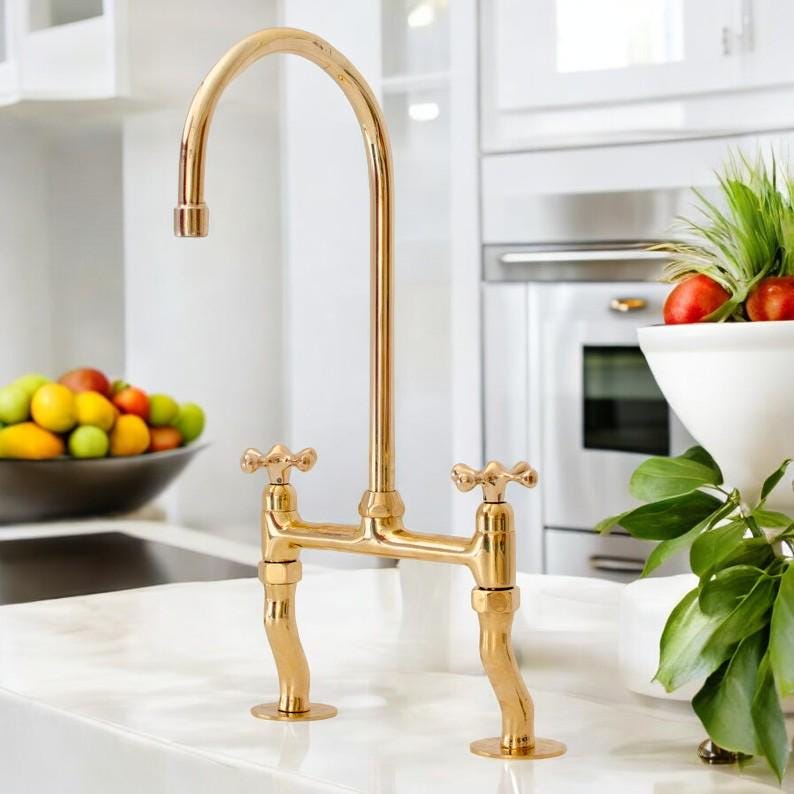 Unlacquered Brass Bridge Kitchen Faucet - Victorian Two-Handle Tap - Mettlemix