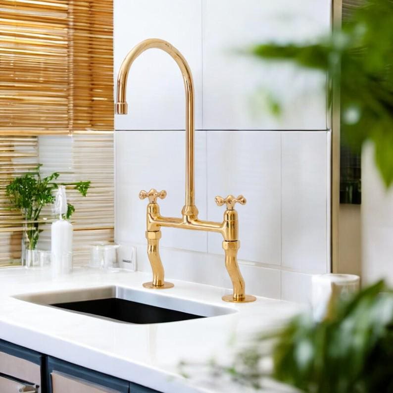 Unlacquered Brass Bridge Kitchen Faucet - Victorian Two-Handle Tap - Mettlemix