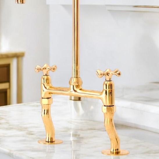 Unlacquered Brass Bridge Kitchen Faucet - Victorian Two-Handle Tap - Mettlemix