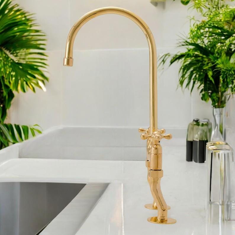 Unlacquered Brass Bridge Kitchen Faucet - Victorian Two-Handle Tap - Mettlemix