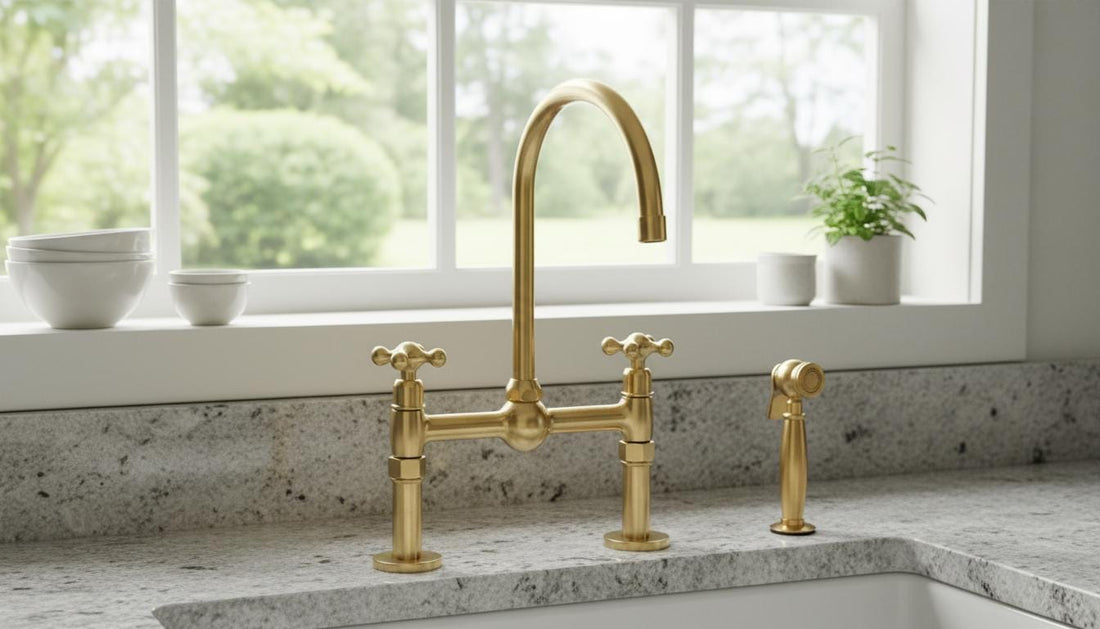 Unlacquered Brass Bridge Kitchen Faucet - Vintage Cross Handle Tap - Mettlemix