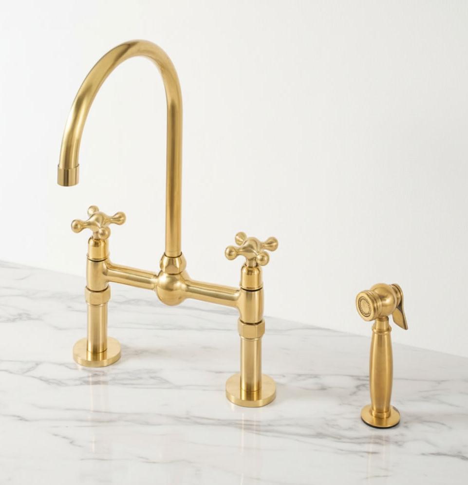 Unlacquered Brass Bridge Kitchen Faucet - Vintage Cross Handle Tap - Mettlemix