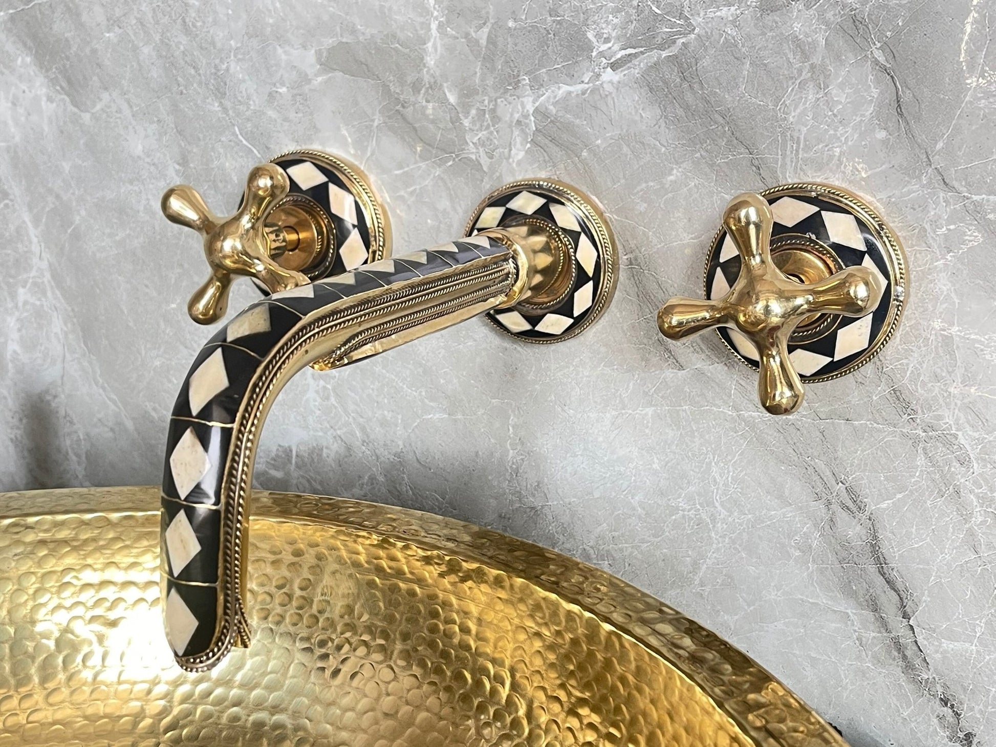 Unlacquered Brass Wall Faucet - Bone & Resin Inlay Tap - Mettlemix