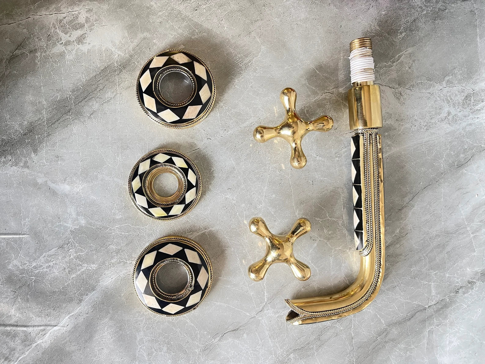 Unlacquered Brass Wall Faucet - Bone & Resin Inlay Tap - Mettlemix