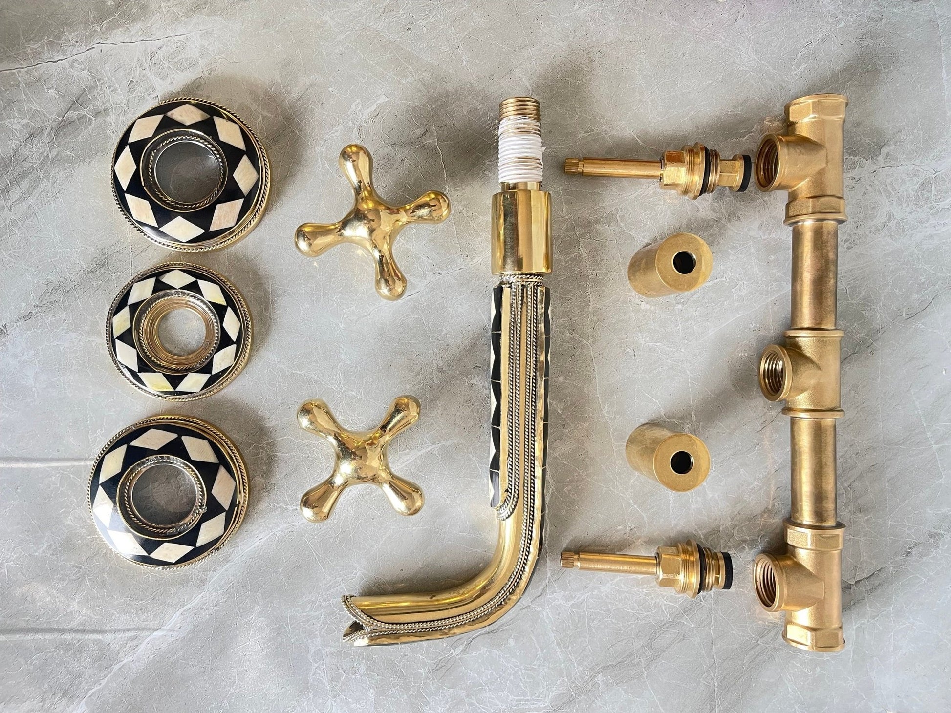 Unlacquered Brass Wall Faucet - Bone & Resin Inlay Tap - Mettlemix