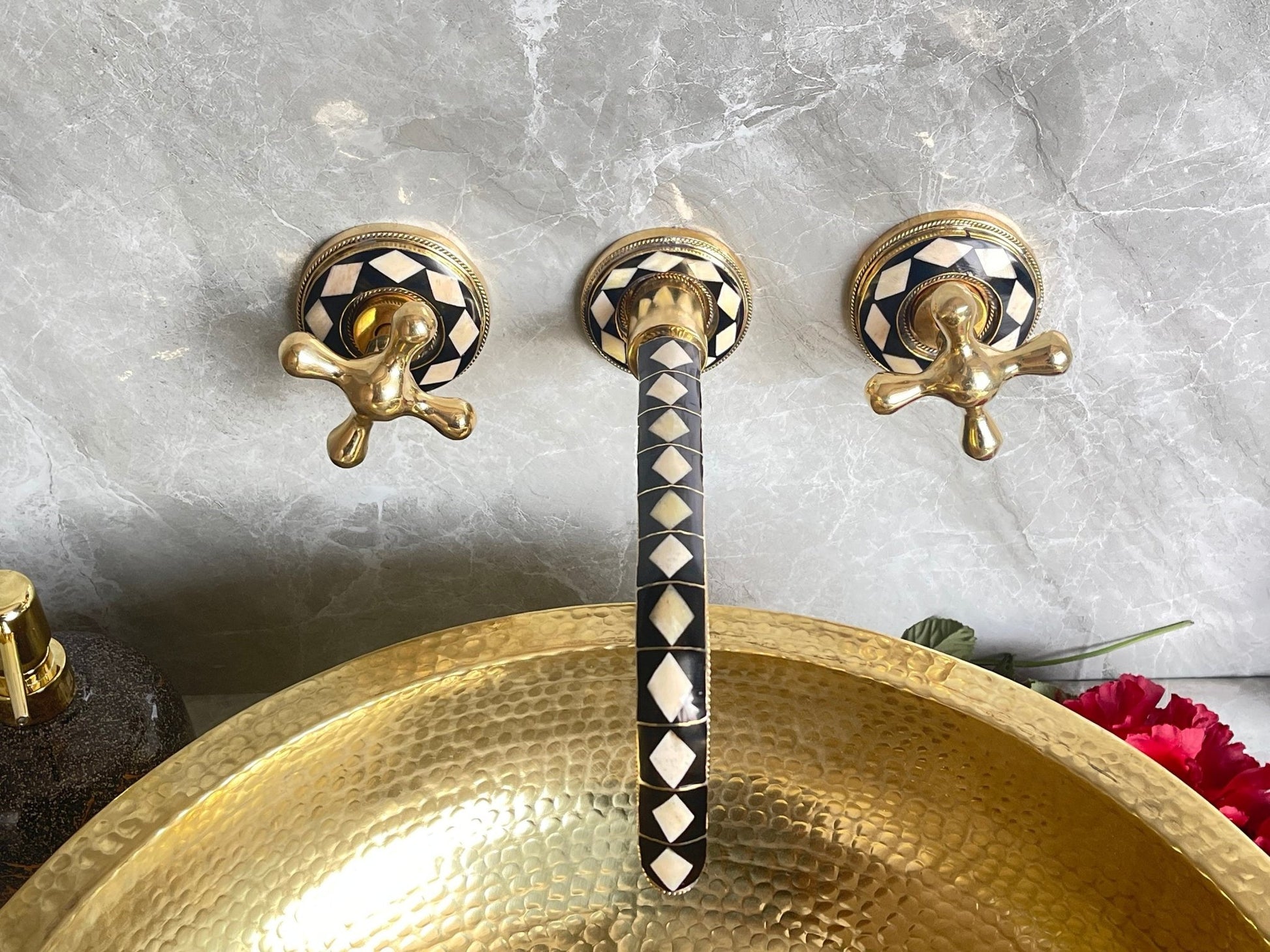 Unlacquered Brass Wall Faucet - Bone & Resin Inlay Tap - Mettlemix