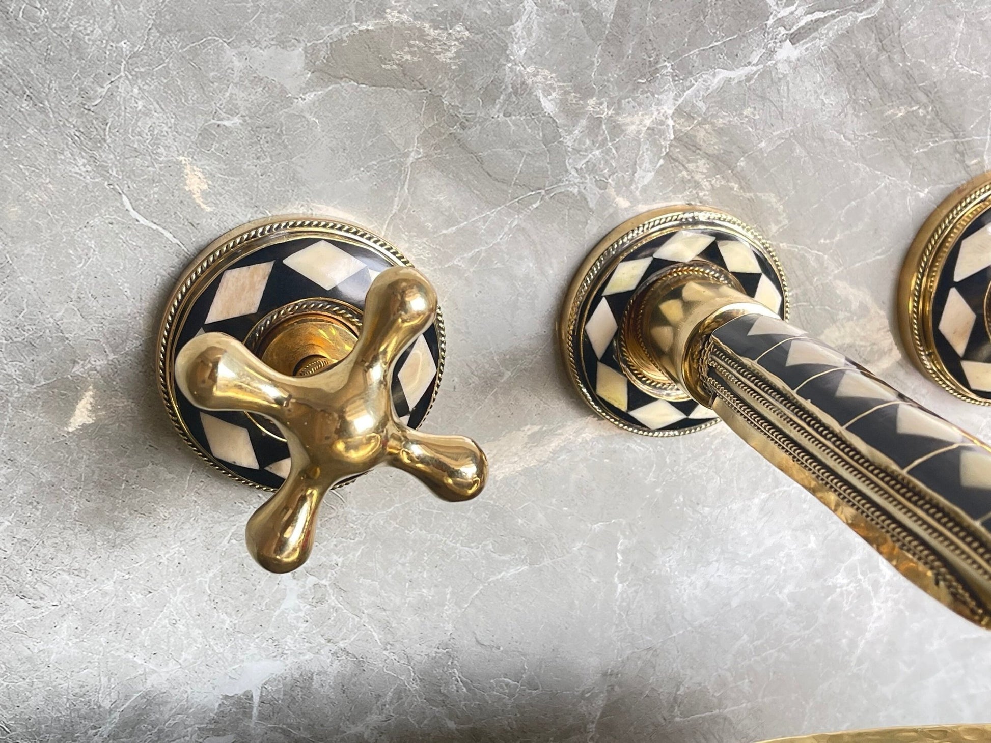 Unlacquered Brass Wall Faucet - Bone & Resin Inlay Tap - Mettlemix