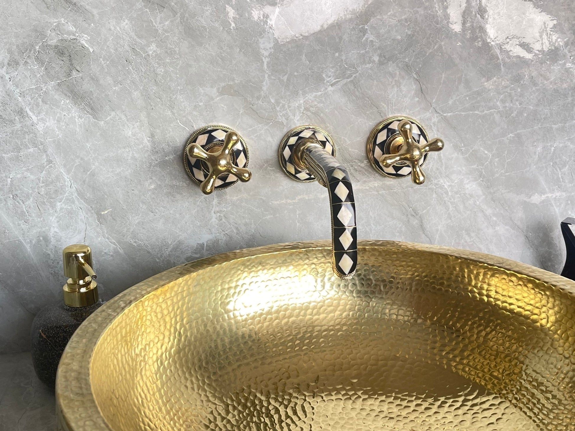 Unlacquered Brass Wall Faucet - Bone & Resin Inlay Tap - Mettlemix