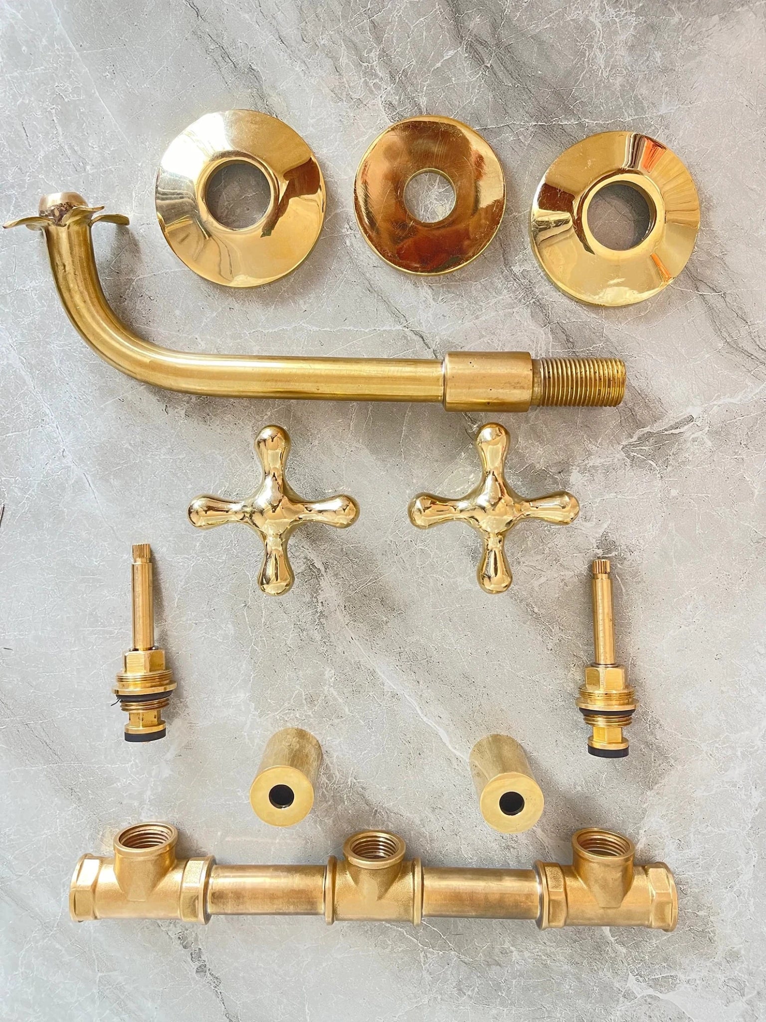 Unlacquered Brass Wall Mount Faucet - Moroccan Flower Cross Handles - Mettlemix