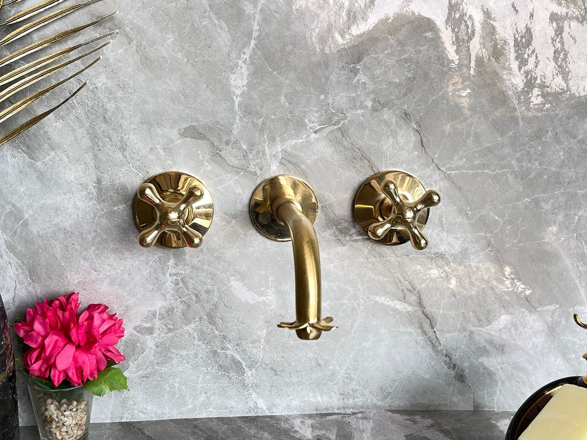 Unlacquered Brass Wall Mount Faucet - Moroccan Flower Cross Handles - Mettlemix