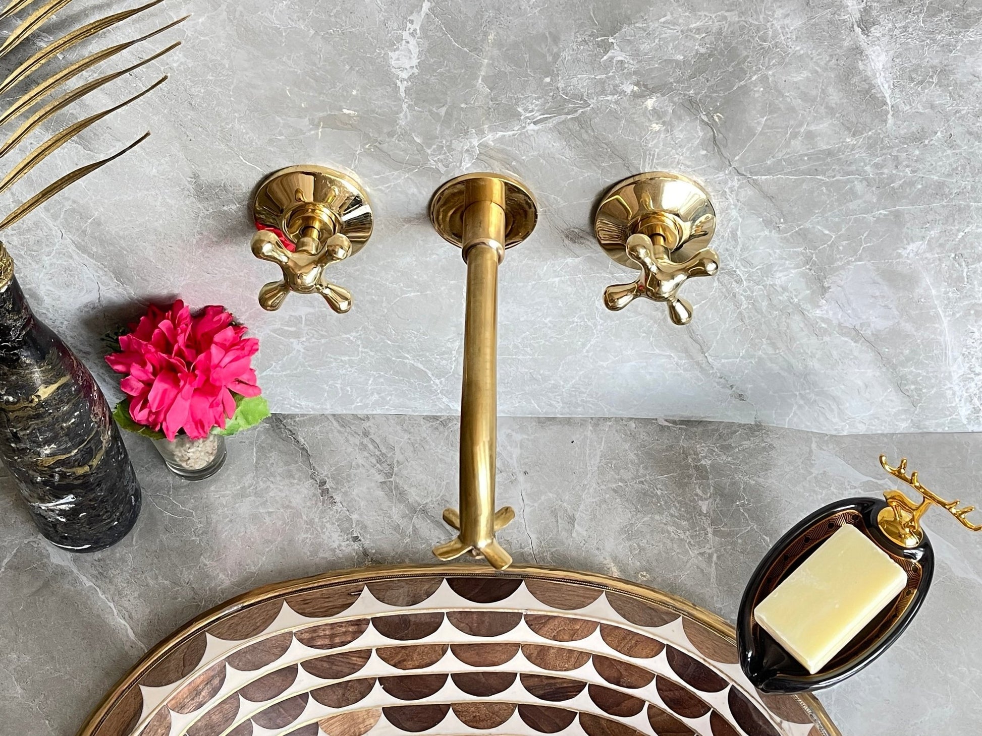 Unlacquered Brass Wall Mount Faucet - Moroccan Flower Cross Handles - Mettlemix