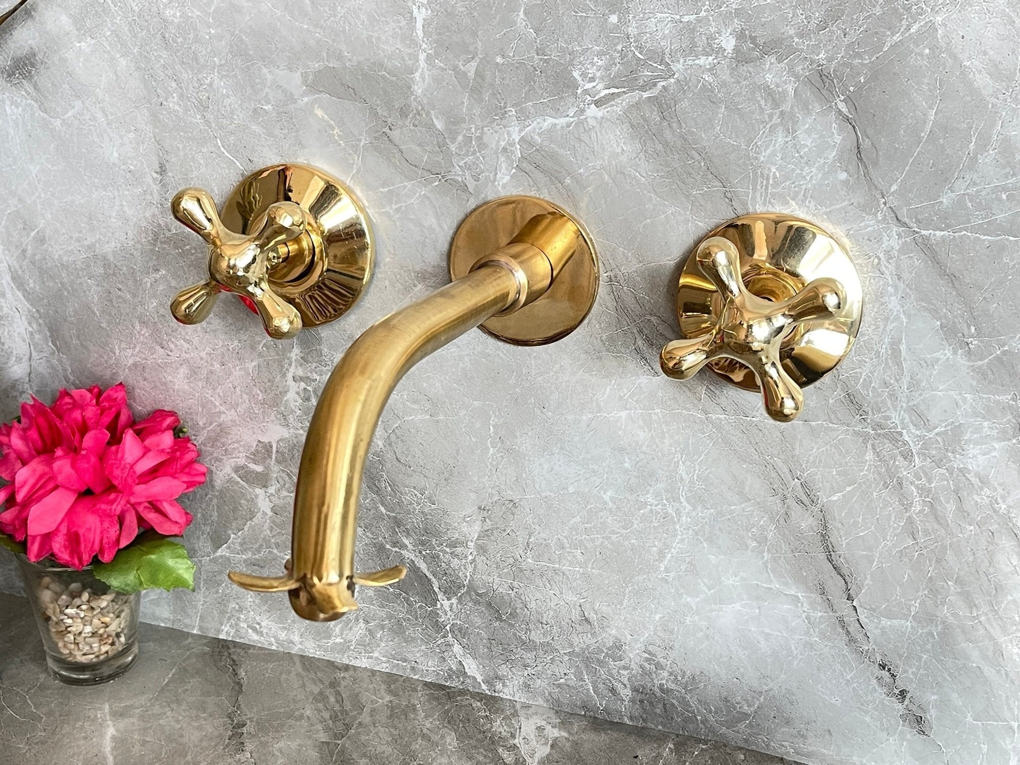 Unlacquered Brass Wall Mount Faucet - Moroccan Flower Cross Handles - Mettlemix