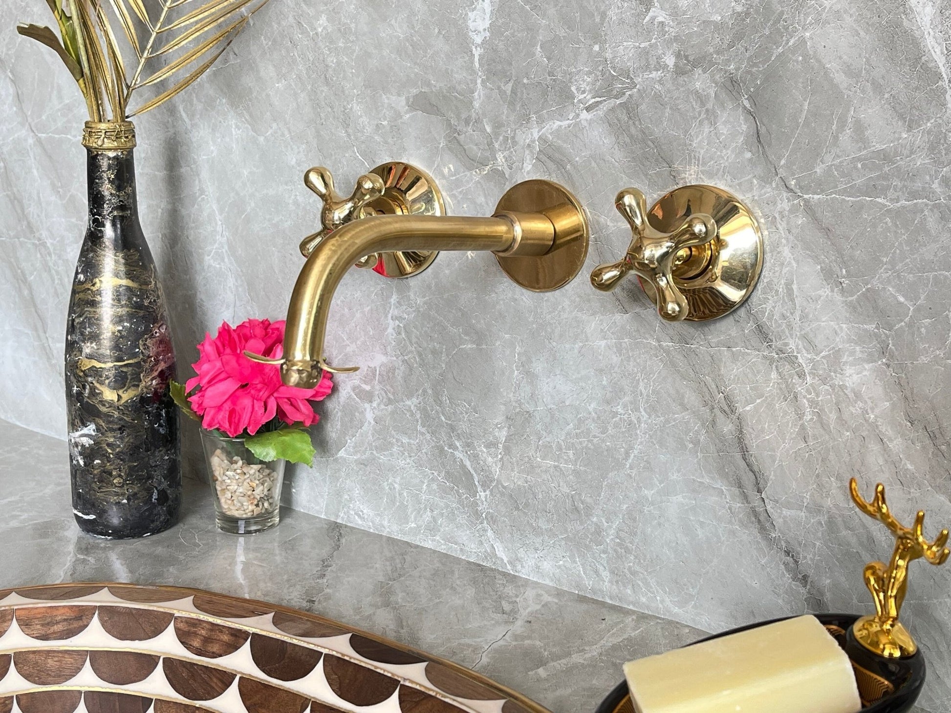 Unlacquered Brass Wall Mount Faucet - Moroccan Flower Cross Handles - Mettlemix