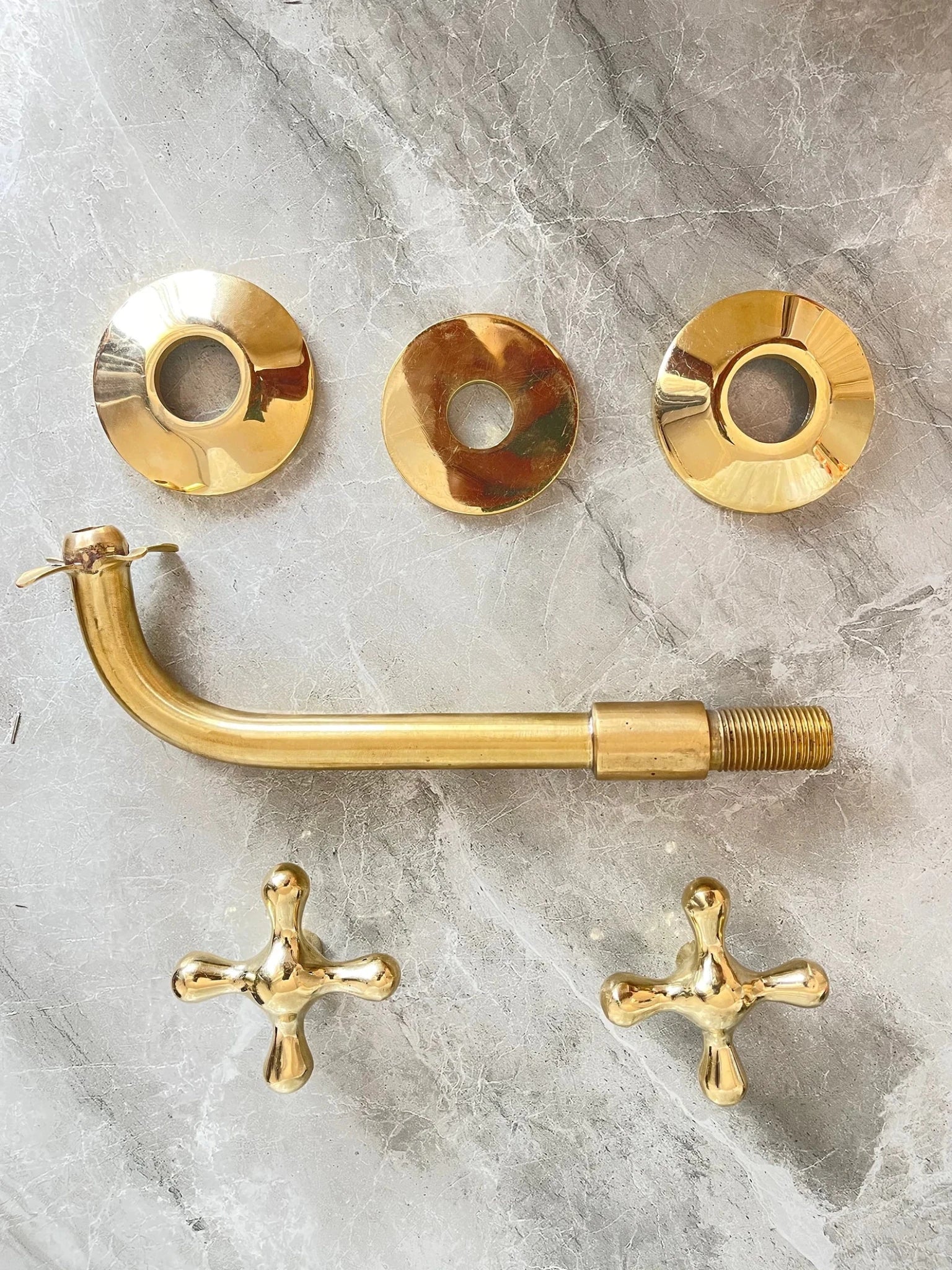 Unlacquered Brass Wall Mount Faucet - Moroccan Flower Cross Handles - Mettlemix