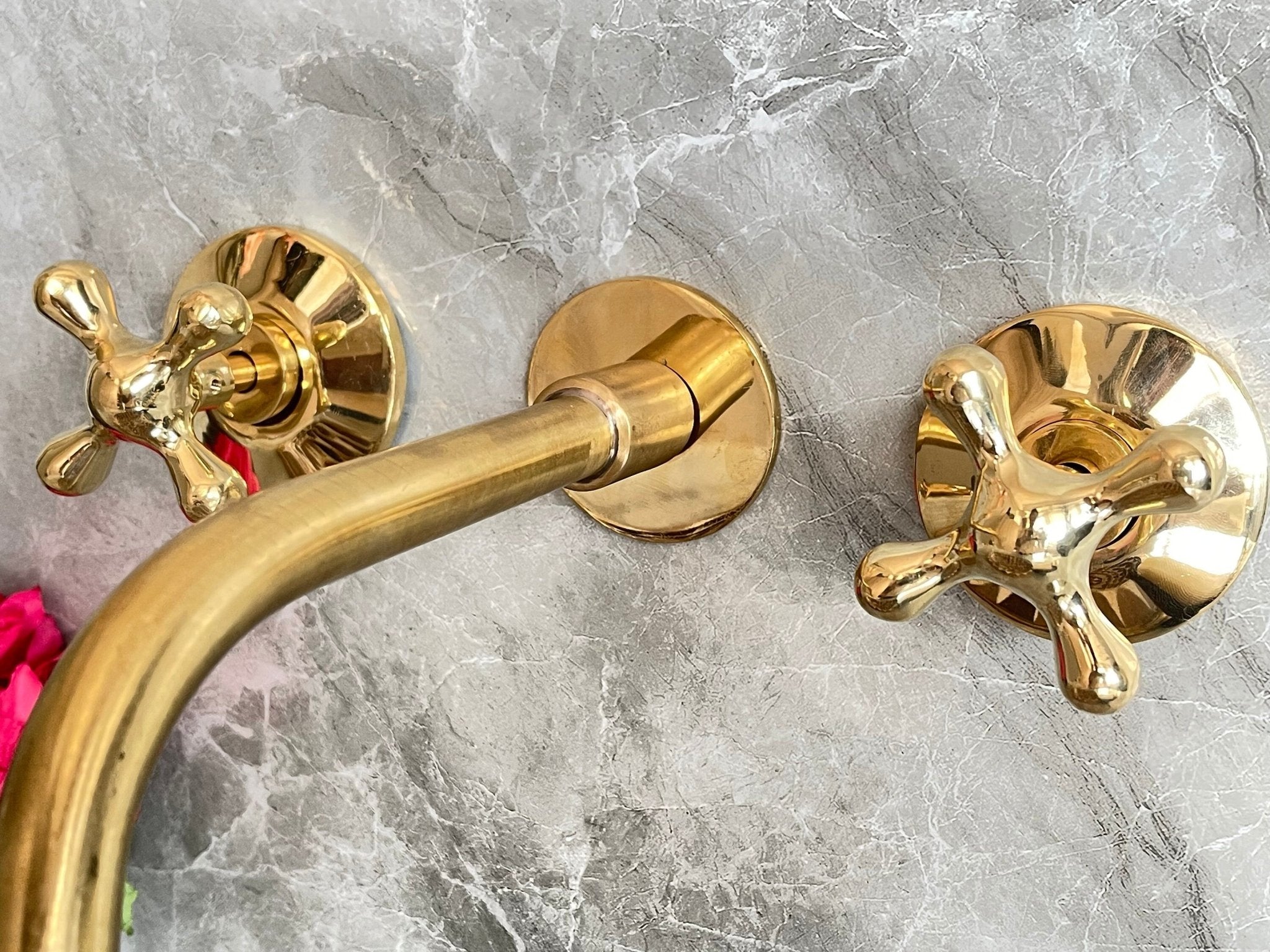 Unlacquered Brass Wall Mount Faucet - Moroccan Flower Cross Handles - Mettlemix