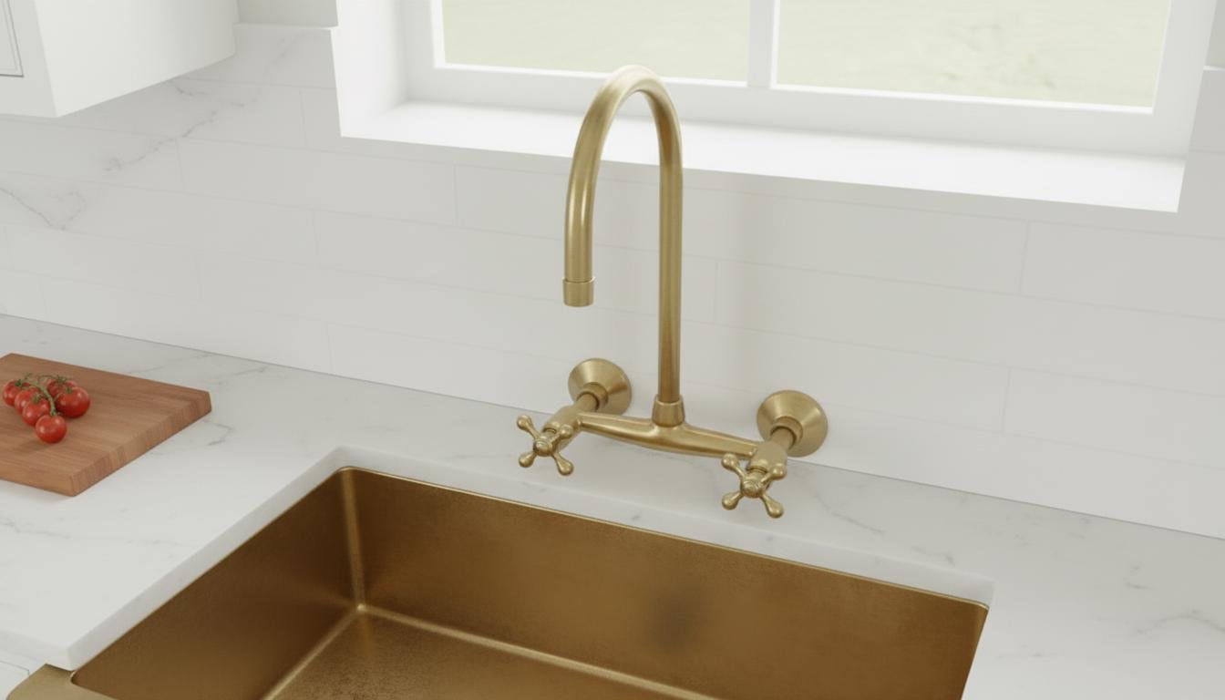 Unlacquered Brass Wall Mount Kitchen Faucet - Vintage Bridge Tap - Mettlemix