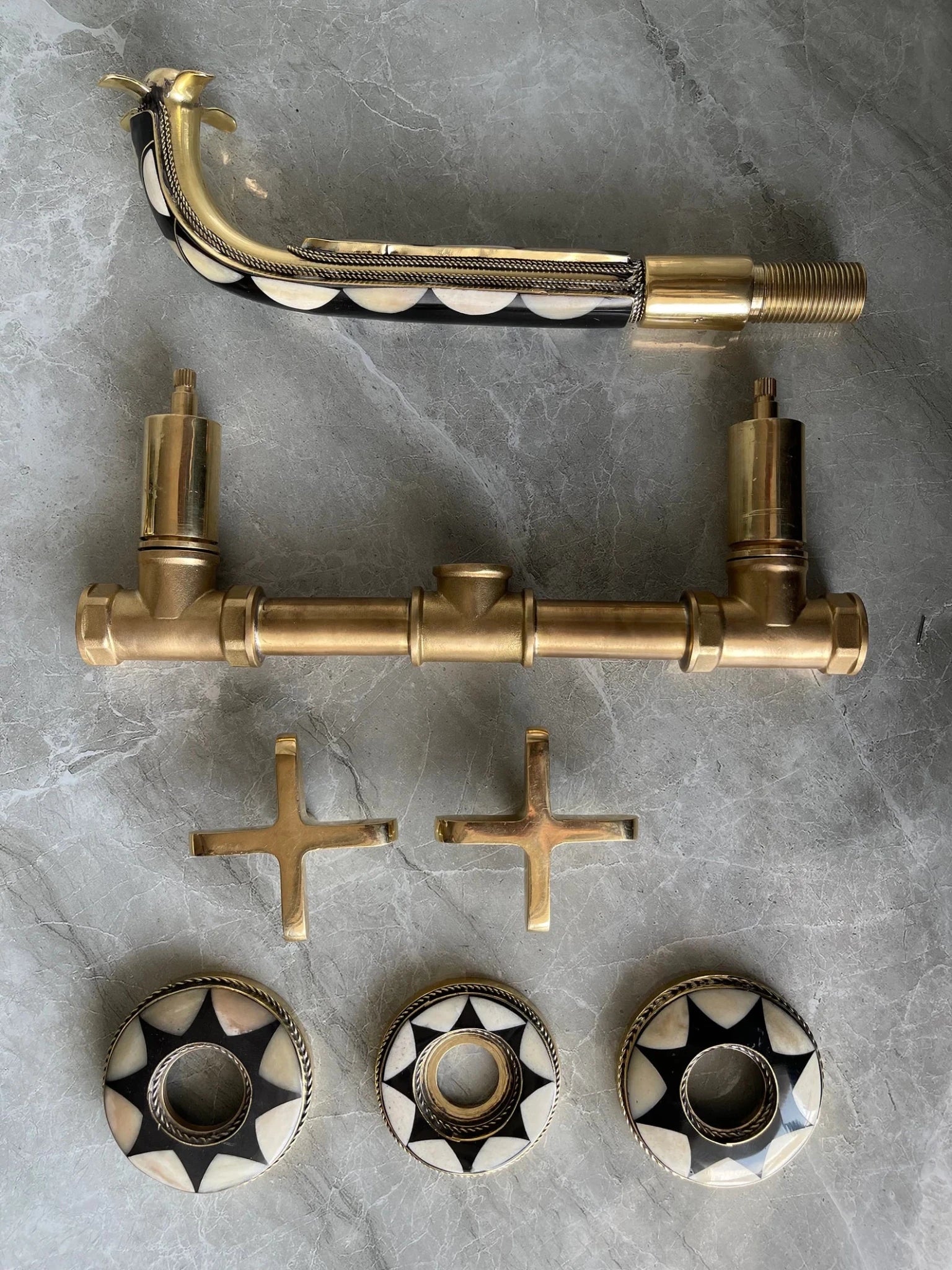 Unlacquered Brass Wall Mounted Bathroom Faucet - Resin & Bone Cross Handle Tap - Mettlemix