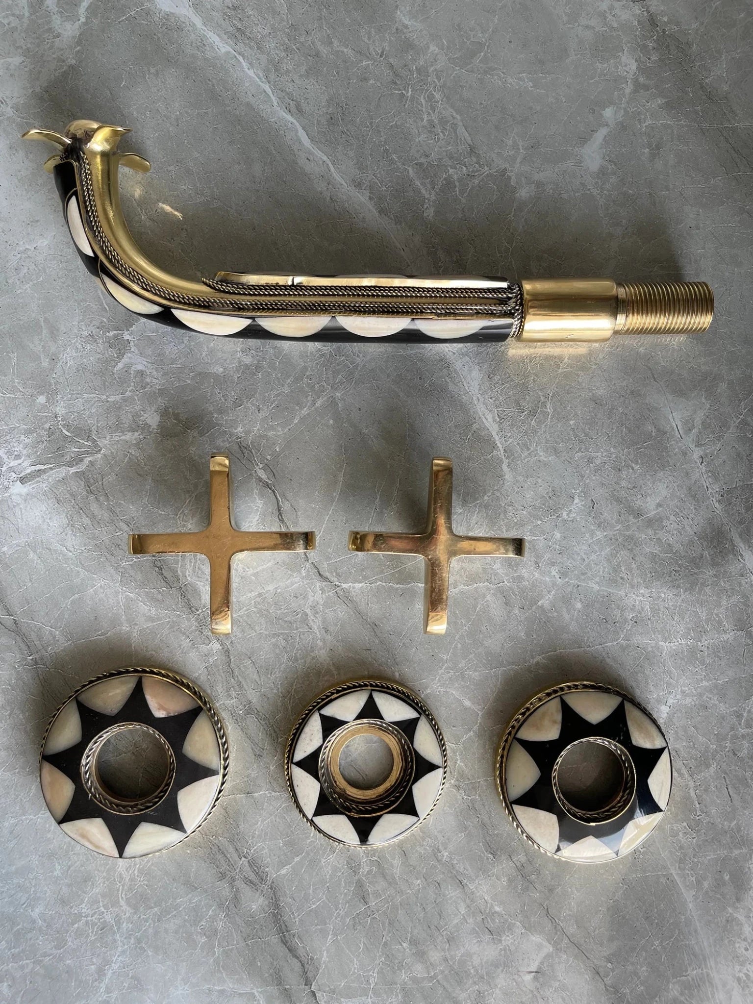 Unlacquered Brass Wall Mounted Bathroom Faucet - Resin & Bone Cross Handle Tap - Mettlemix