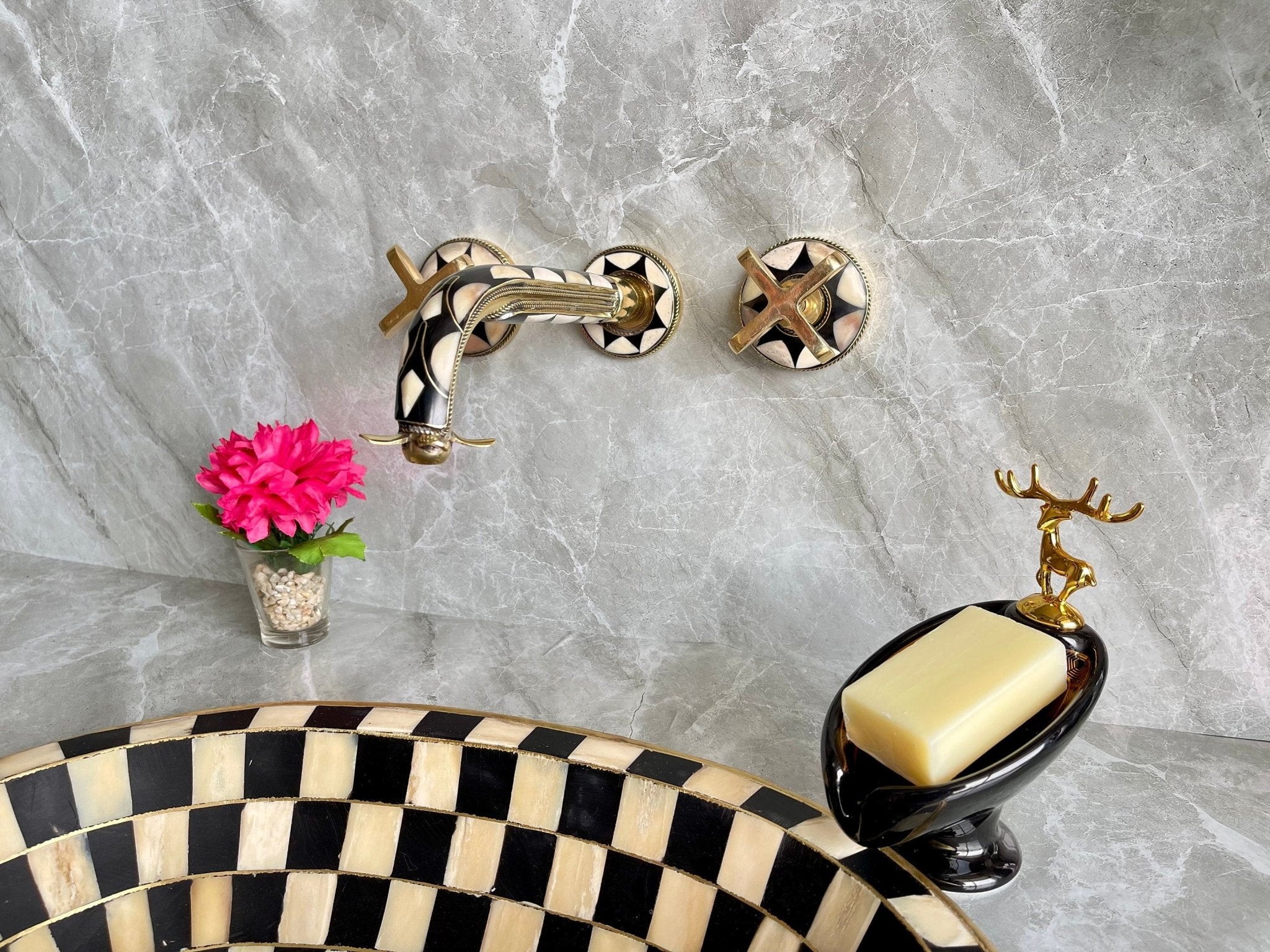 Unlacquered Brass Wall Mounted Bathroom Faucet - Resin & Bone Cross Handle Tap - Mettlemix