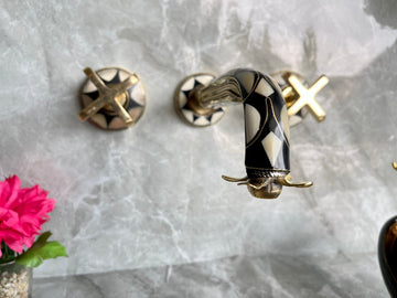 Unlacquered Brass Wall Mounted Bathroom Faucet - Resin & Bone Cross Handle Tap - Mettlemix
