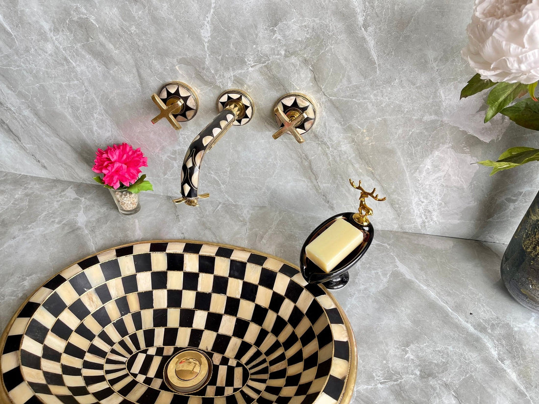 Unlacquered Brass Wall Mounted Bathroom Faucet - Resin & Bone Cross Handle Tap - Mettlemix