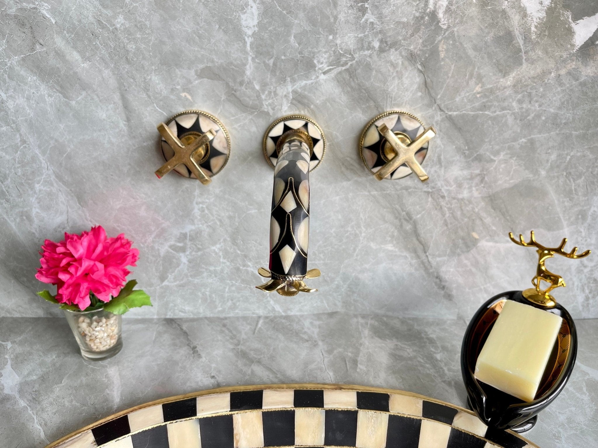 Unlacquered Brass Wall Mounted Bathroom Faucet - Resin & Bone Cross Handle Tap - Mettlemix