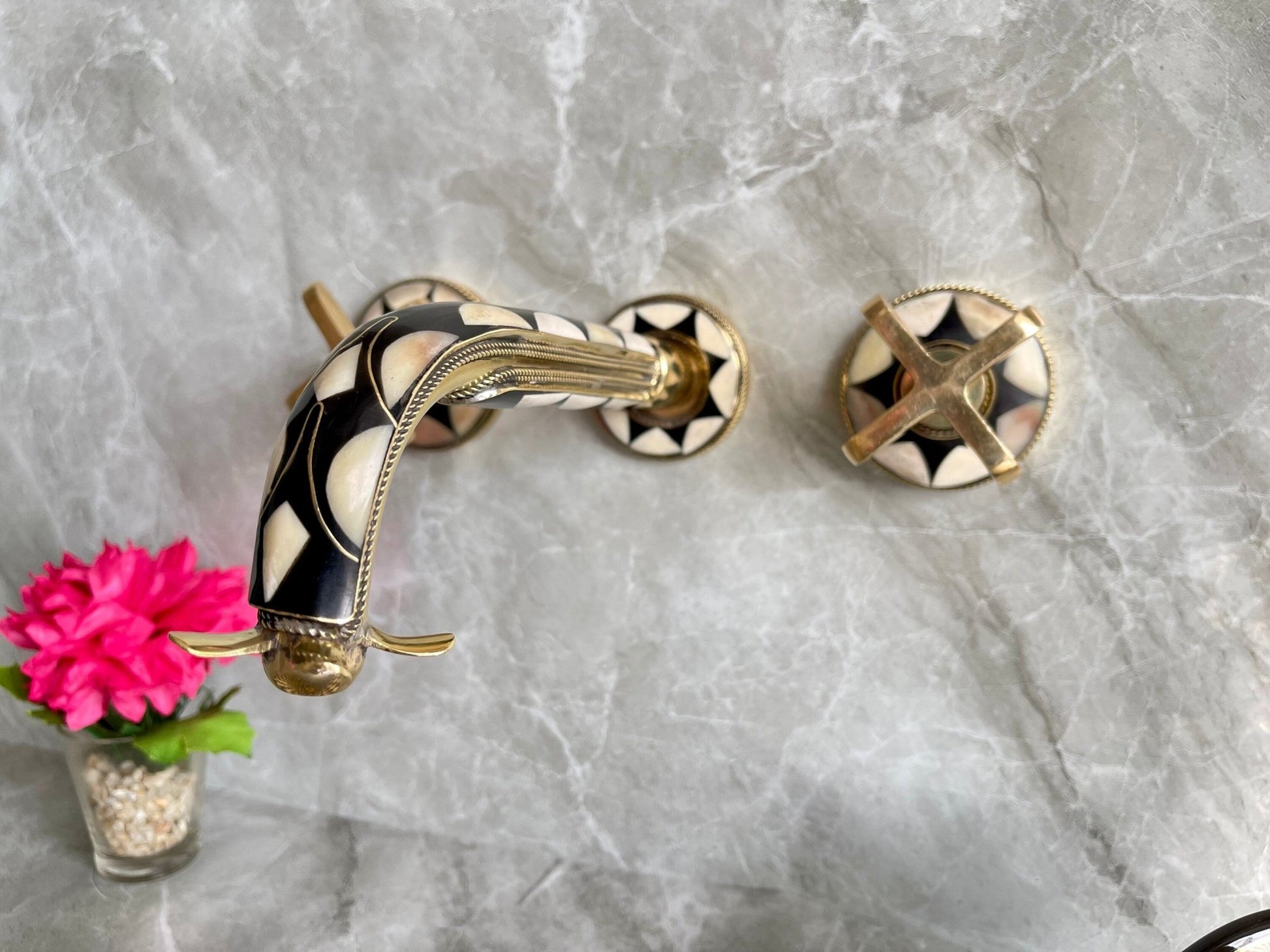Unlacquered Brass Wall Mounted Bathroom Faucet - Resin & Bone Cross Handle Tap - Mettlemix
